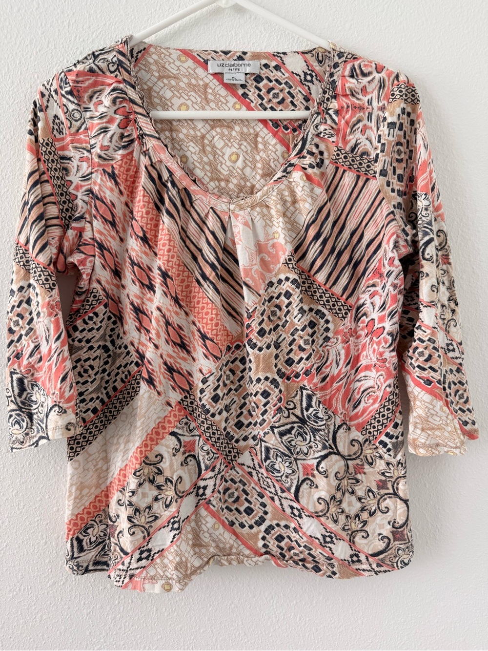 Liz Claiborne Coral, Cream & Black Patchwork Scoop Neck Tunic